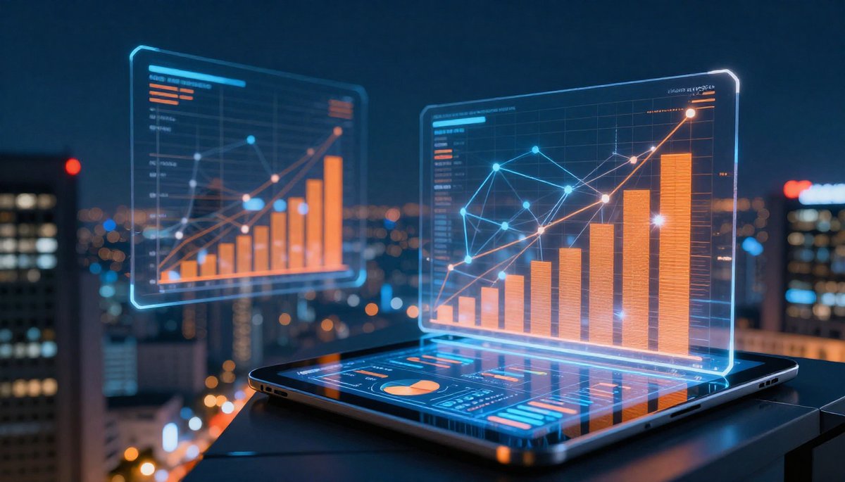 25 เครื่องมือ AI 2026: เมืองอนาคต holographic charts, tablet data analytics