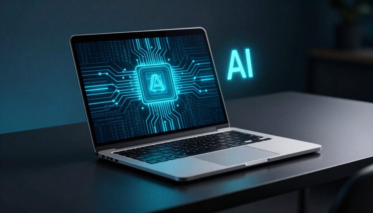 แล็ปท็อปแสดงวงจร AI สว่างไสว: เทรนด์นวัตกรรม AI 2026 บน Aipu.App
