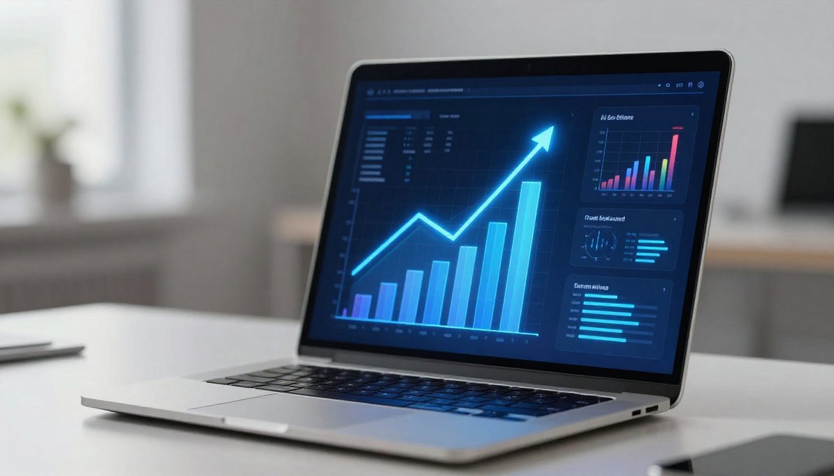 กราฟ AI SEO 2026 ชี้ขึ้นบนจอแล็ปท็อป แสดงผลลัพธ์การทำอันดับด้วย AI
