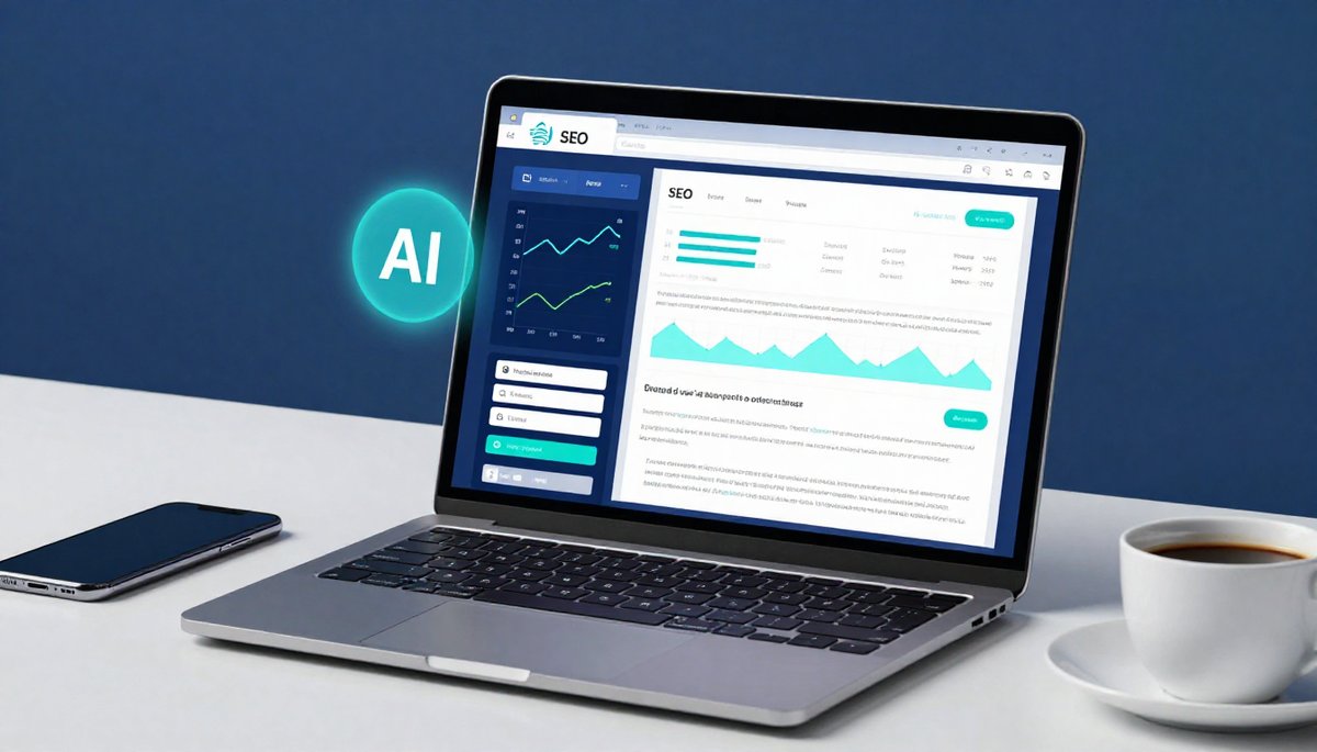 AI ช่วยทำ SEO: หน้าจอแล็ปท็อปแสดงแดชบอร์ดวิเคราะห์ Keyword และบทความติดหน้าแรก