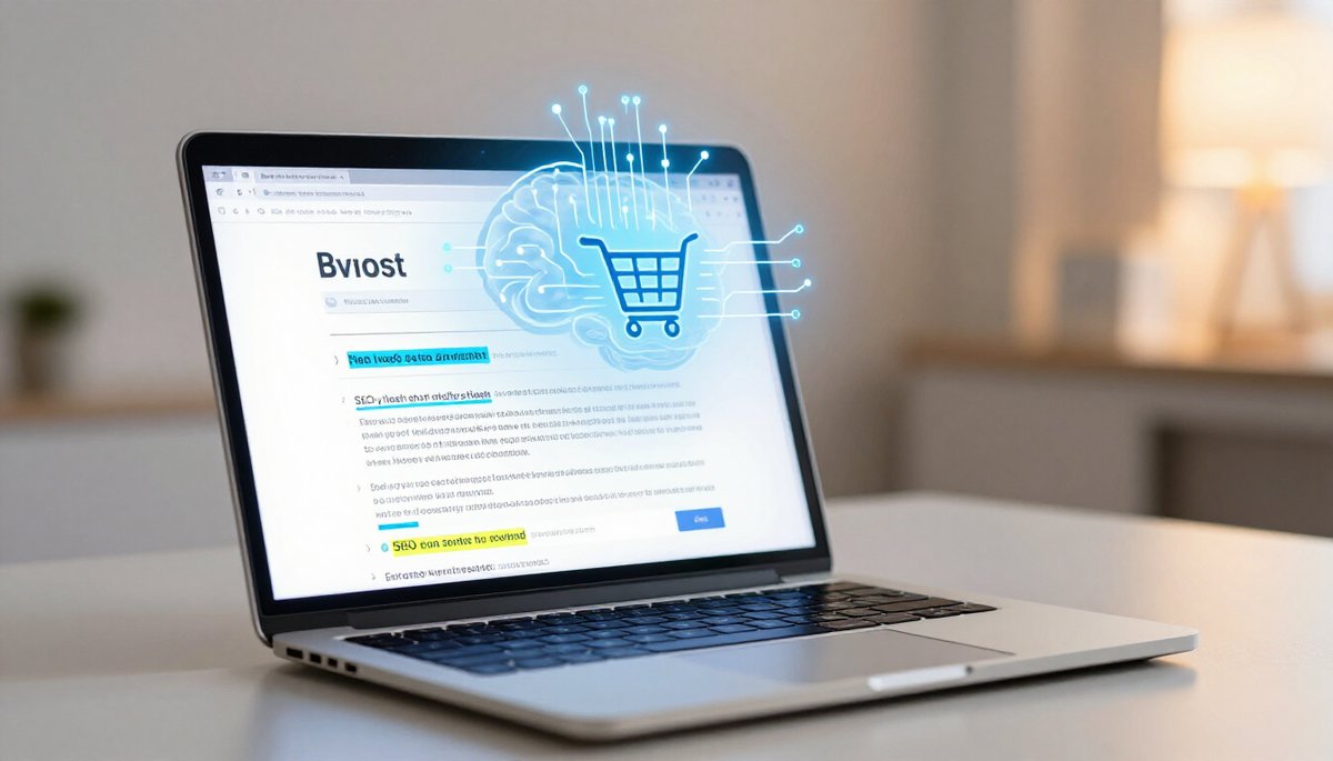 AI ช่วยทำ SEO บทความอัตโนมัติ: แล็ปท็อปแสดงการสร้างเนื้อหาพร้อมคำแนะนำ SEO