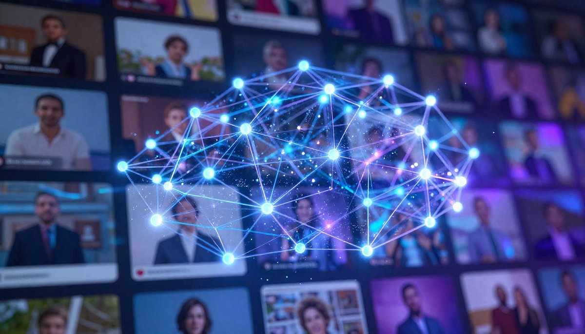 AI social media 2026: ภาพเครือข่ายประสาท AI กับฟีดโซเชียลมีเดียสีสันสดใส