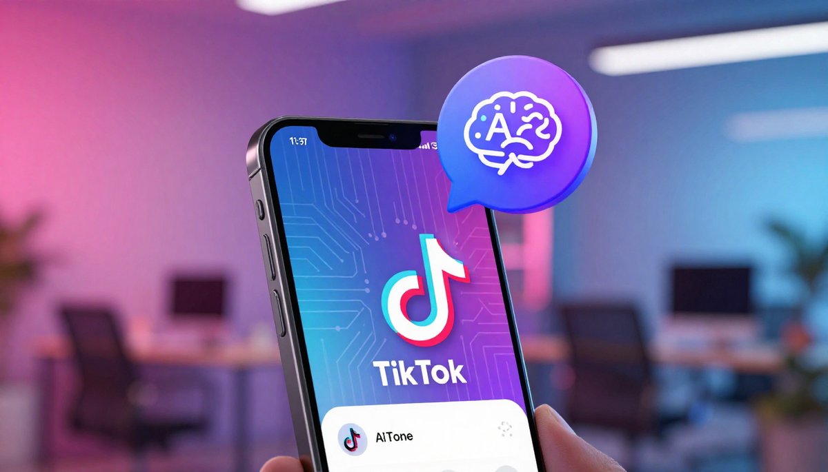 AI ทำ TikTok ปัง! โทรศัพท์แสดงหน้า TikTok พร้อมลายวงจร AI และไอคอนสมอง AI