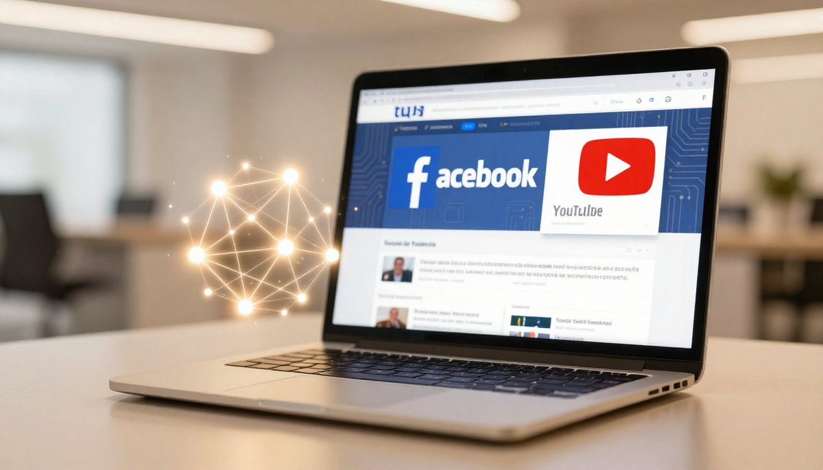 แล็ปท็อปแสดง Facebook/YouTube พร้อมลายวงจร AI, คู่มือเครื่องมือ AI Facebook & YouTube