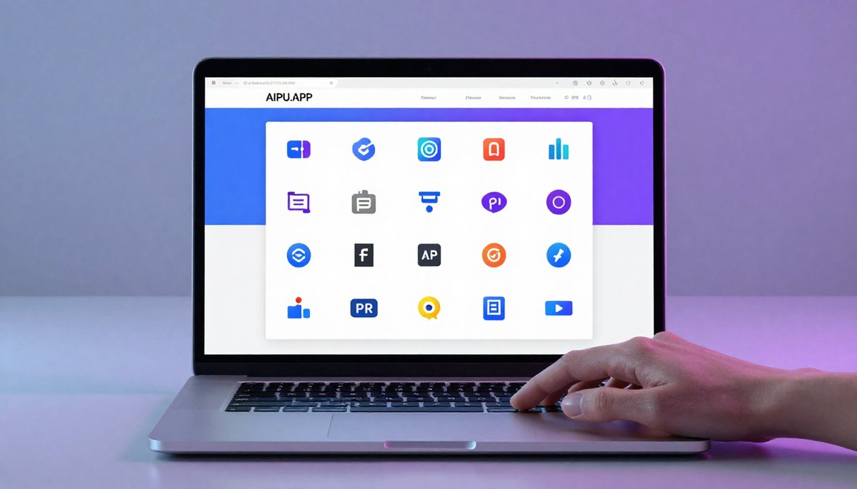25+ AI Tools ฟรีที่ดีที่สุด บน AIPU.APP แสดงบนแล็ปท็อปพร้อมไอคอนเครื่องมือ