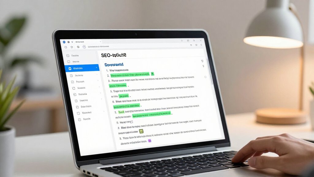 AI Writer ฟรี: หน้าจอแล็ปท็อปแสดงการเขียนบทความ SEO ติดอันดับ Aipu.app