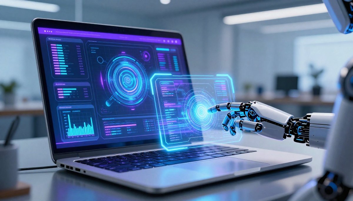 AI การตลาด 2026: แล็ปท็อปอนาคตแสดงแดชบอร์ด AI, กราฟการเติบโต, แขนหุ่นยนต์