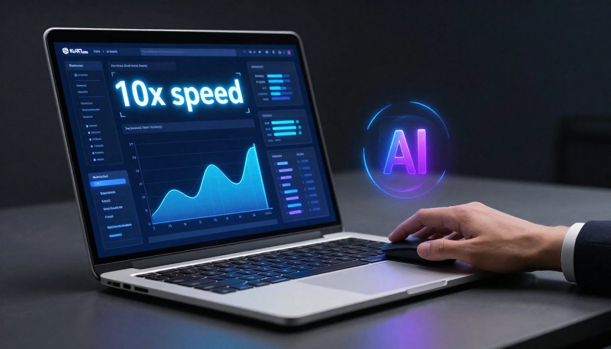 AI การตลาด: หน้าจอแล็ปท็อปแสดงแดชบอร์ดข้อมูล, กราฟความเร็ว 10x.