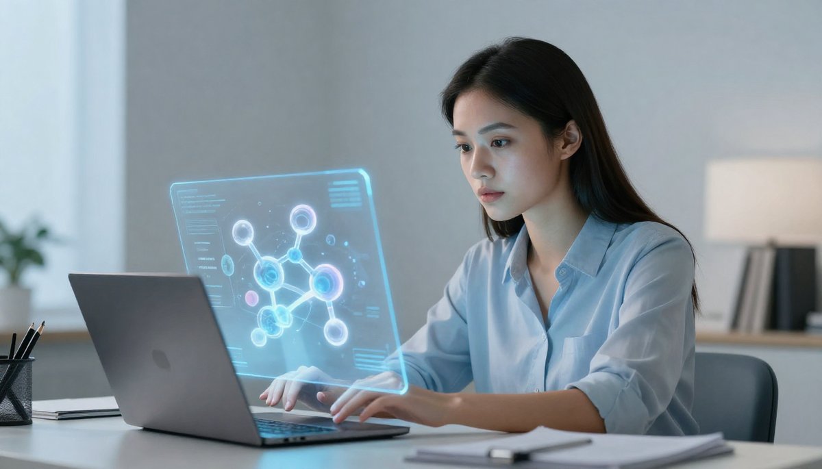 หญิงสาวใช้ AI tutor เรียนชีววิทยาโมเลกุลผ่านแล็ปท็อป holographic
