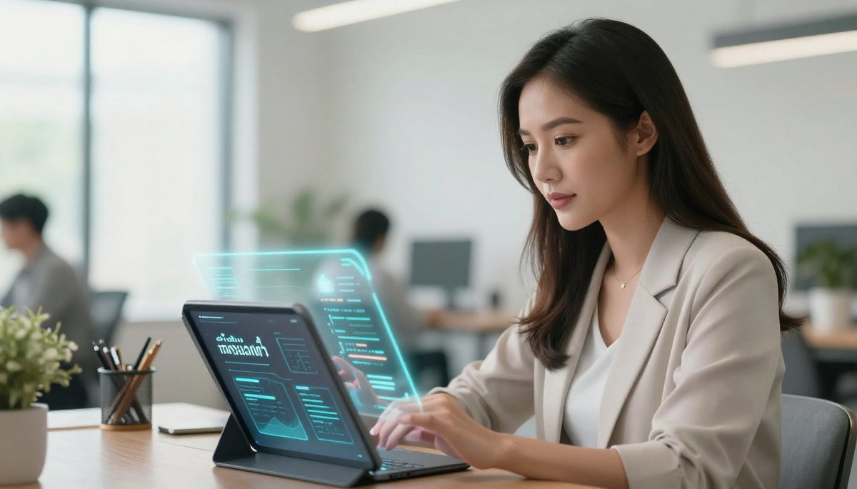 AI ภาษาไทย: หญิงไทยใช้ AI แสดงข้อมูลด้วยภาษาไทยบนแท็บเล็ตในออฟฟิศ