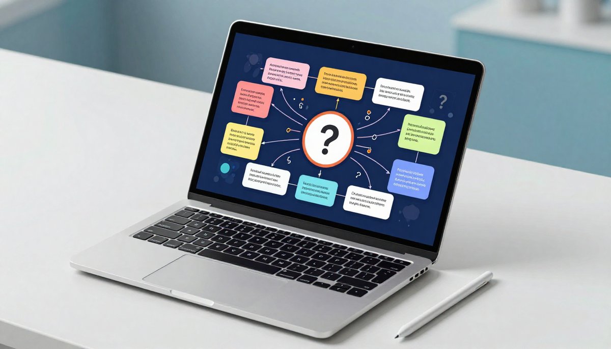 AI ช่วยคิดไอเดีย: ภาพหน้าจอแล็ปท็อปแสดง Mind Map การสร้างสรรค์หัวข้อบทความ