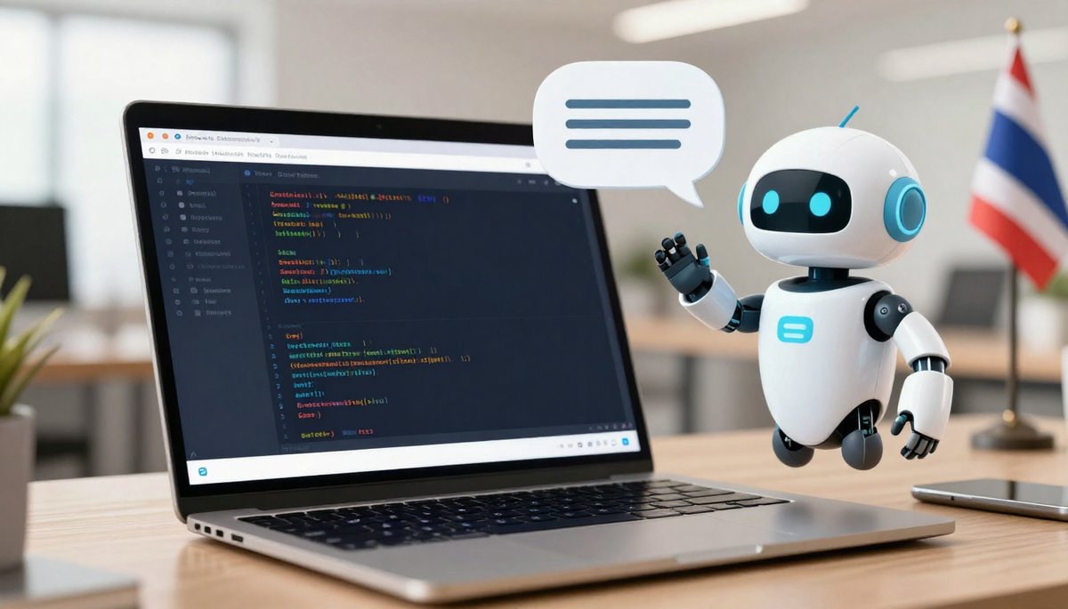 AI คืออะไร? โค้ด AI ช่วยเหลือพร้อมหุ่นยนต์น่ารักบนหน้าจอแล็ปท็อป