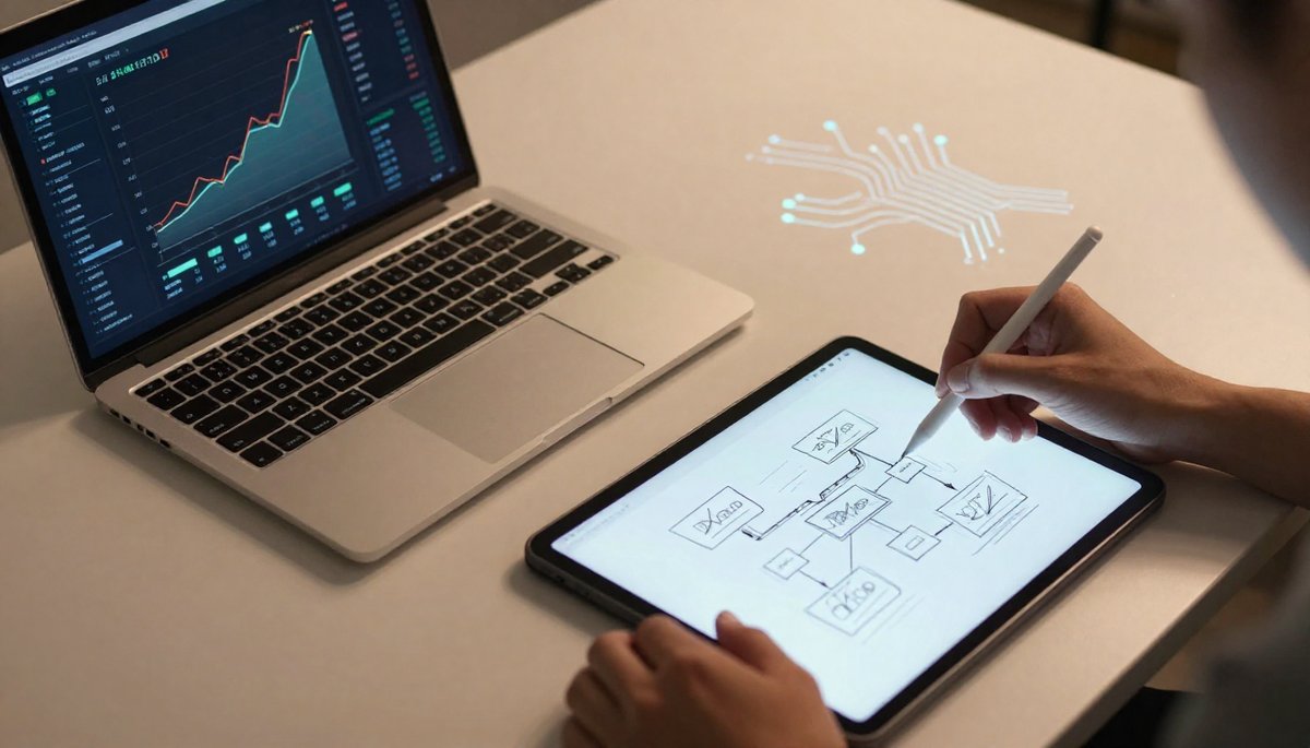 ภาพ AI ช่วยทำงานให้เสร็จเร็วขึ้น 10 เท่า: เดสก์ท็อปทันสมัย, กราฟพุ่ง, วางแผนเวิร์กโฟลว์