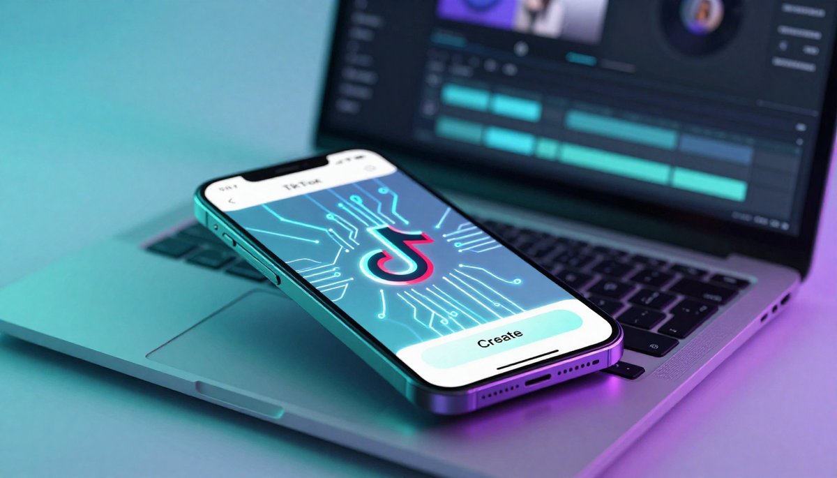 AI ทำคลิป TikTok อัตโนมัติ: หน้าจอแอป TikTok บนมือถือ พร้อมวงจร AI เปล่งประกาย