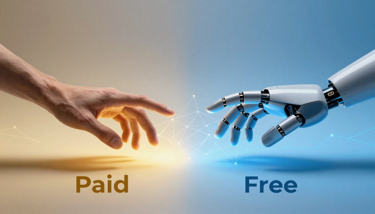 AI ฟรี vs เสียเงิน 2026: มือมนุษย์และหุ่นยนต์จับกัน สื่อถึงการเลือกใช้ AI