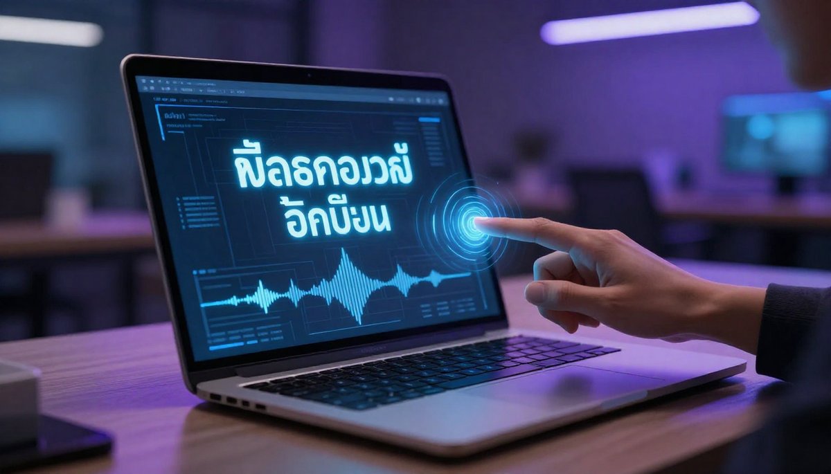 AI ภาษาไทย 2026: อินเทอร์เฟซล้ำสมัยบนแล็ปท็อป แสดงคลื่นเสียงและการโต้ตอบ