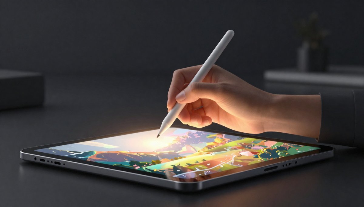 AI สร้างภาพ: มือคนถือสไตลัสบนแท็บเล็ตแสดงภาพ AI สวยงาม