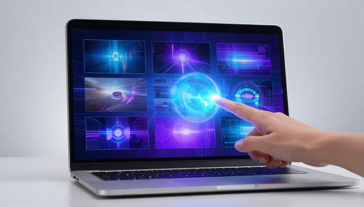 AI สร้างวิดีโอจากข้อความบนจอแล็ปท็อป หน้าจอสีน้ำเงินม่วงสดใส