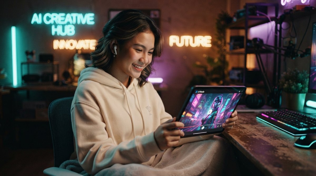 หญิงสาวไทยใช้แท็บเล็ตสร้างวิดีโอด้วย AI ฟรีอย่างง่ายดายในปี 2026 บรรยากาศแห่งเทคโนโลยีและอนาคต