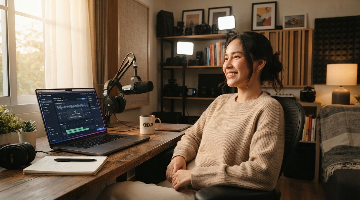 นักสร้างคอนเทนต์หญิงชาวไทยยิ้มอย่างพึงพอใจขณะใช้ AI สร้างเสียงในโฮมสตูดิโอทันสมัย