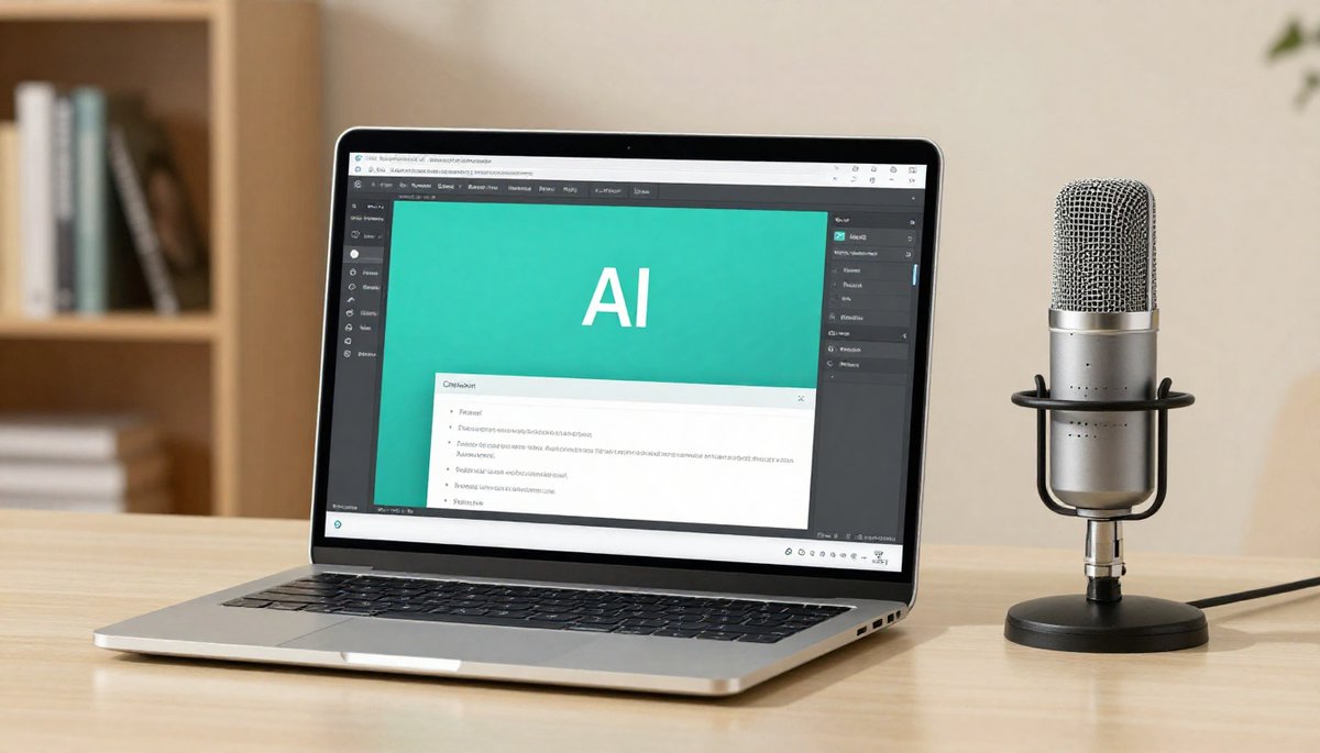 AI เขียนบท พากย์เสียง: หน้าจอคอมพิวเตอร์ พร้อมไมโครโฟนคุณภาพสูง