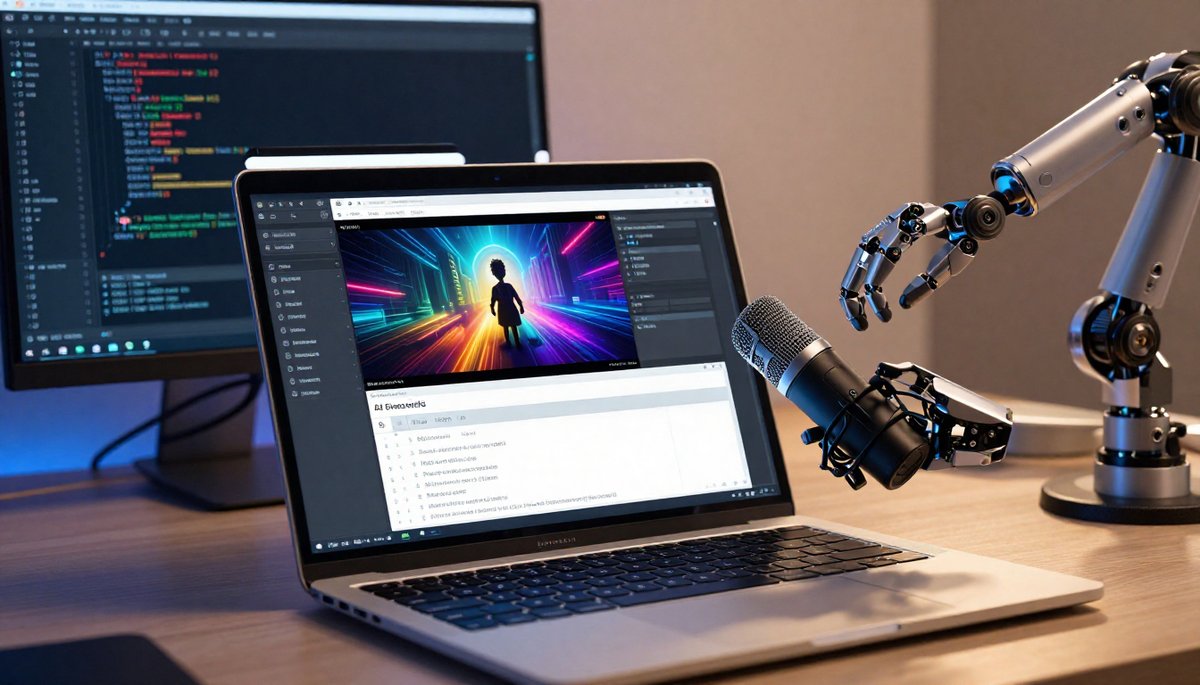 AI ช่วย Content Creator: หน้าจอแล็ปท็อปแสดงสคริปต์วิดีโอ AI พร้อมแขนหุ่นยนต์