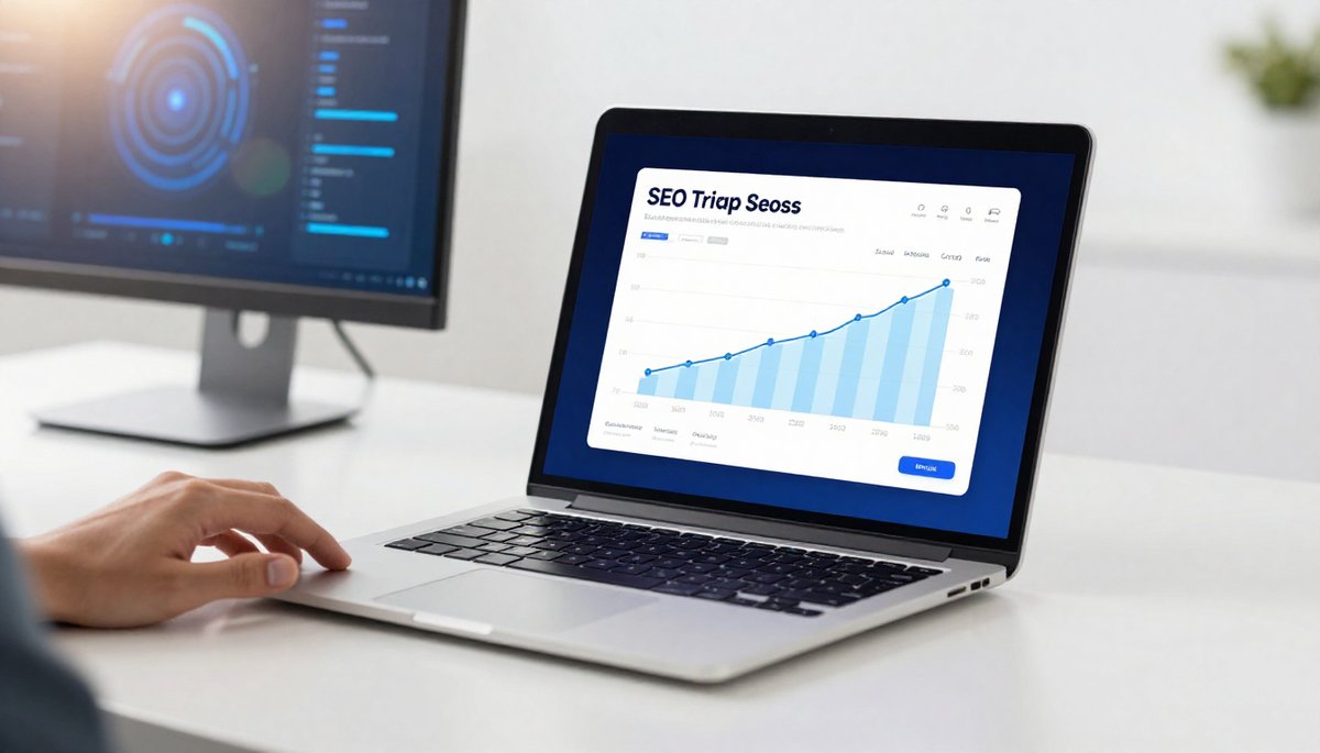 AI ช่วยเขียนบทความ SEO ติดหน้าแรก Google: กราฟแรงค์กิ้งบนแล็ปท็อป, หน้าจอ AI