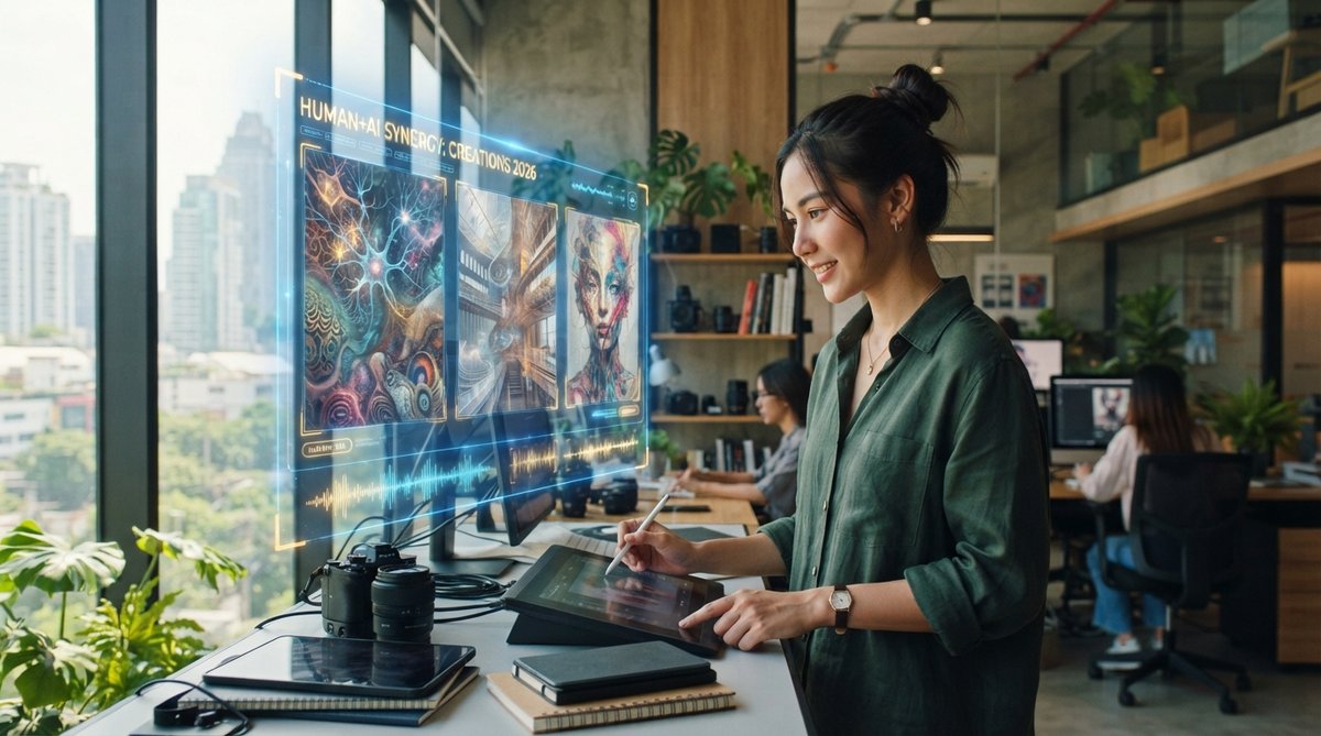 ช่างภาพหญิงชาวไทยในสตูดิโอออกแบบกำลังดูผลงานศิลปะดิจิทัลที่สร้างโดย Generative AI บนจอโฮโลแกรม.