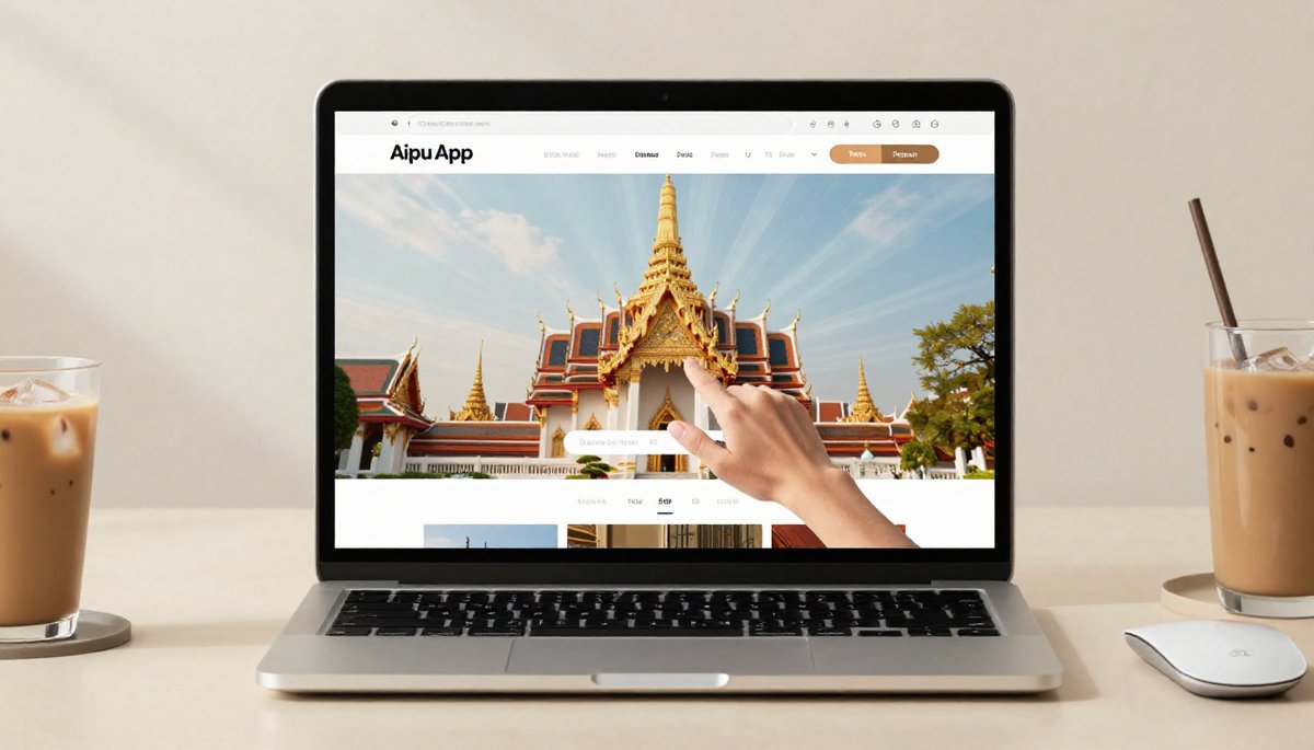 เปลี่ยนรูปภาพนิ่งเป็นวิดีโอ AI ด้วย Aipu.App เห็นภาพวัดไทยเคลื่อนไหวบนจอแล็ปท็อป