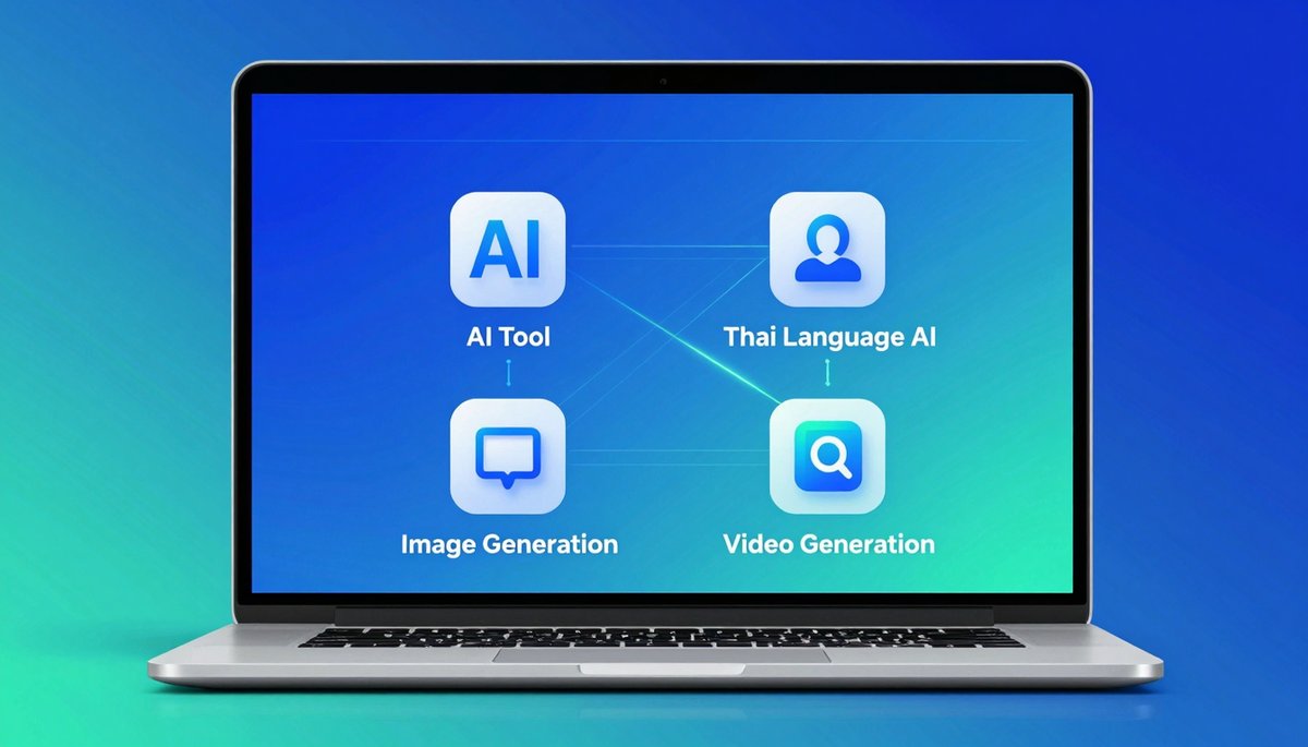 หน้าจอแล็ปท็อปแสดงเว็บรวม AI ไทย 2026: AI Tool สร้างรูป, วิดีโอ, ภาษาไทย